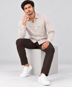 ZEWED Desert Mist beige washed Oxford regular-fit men's shirt, front view