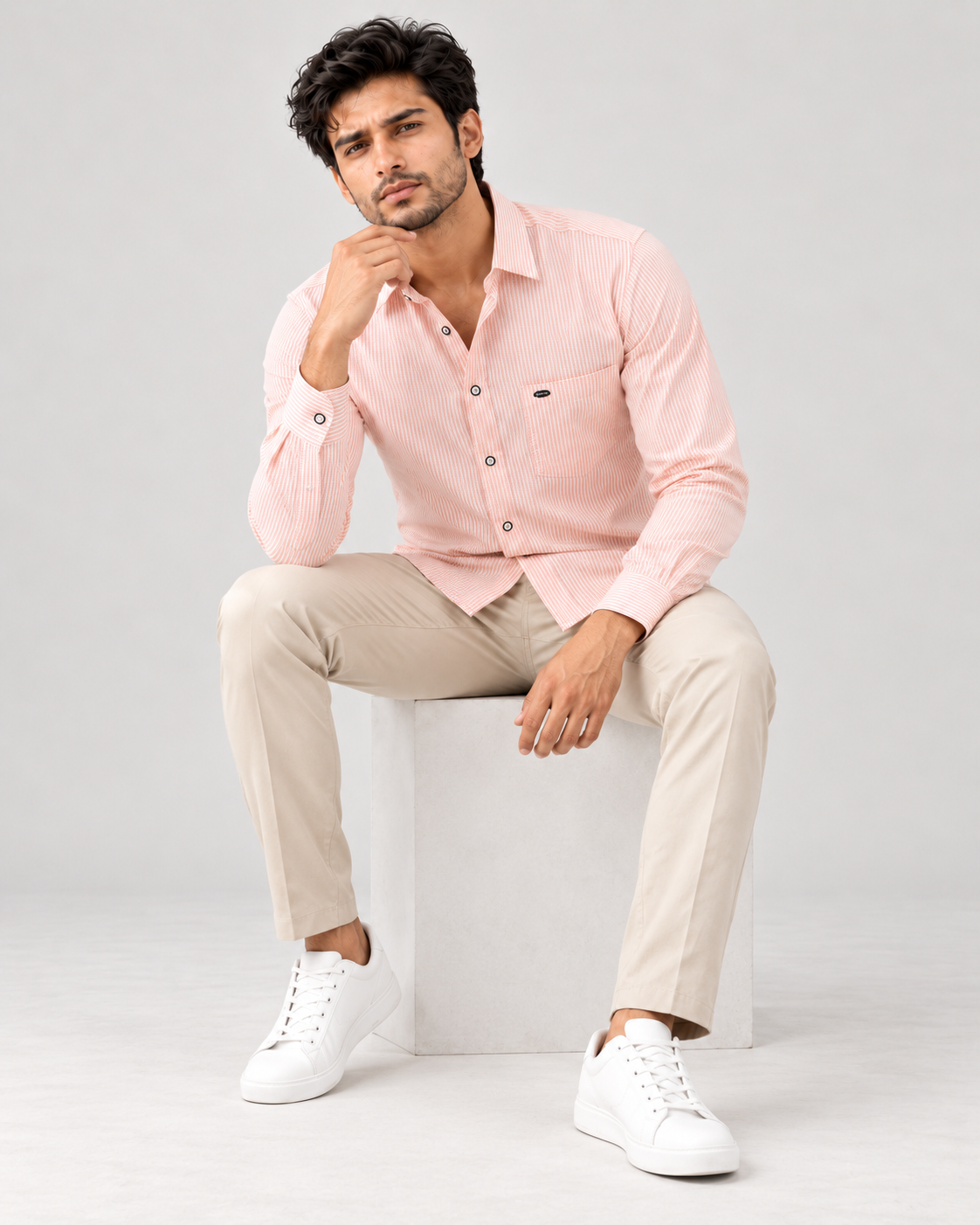 ZEWED Rose Meridian pink and white striped Oxford men's shirt, front view